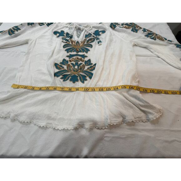 Soft Surroundings Shirt Sz S White Green Embroidered Sequins Tassel Boho Top - Picture 10 of 12